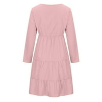 Летни рокли за жените модни моди с дълъг ръкав кръгла шия солиден цвят голям люлеещ се плажен рокля розово m