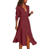Елегантна женска риза рокля мода солиден цвят v-деколте с дълъг ръкав нередовен бутон maxi рокля с кръстосана талия разляти рокли червени размери