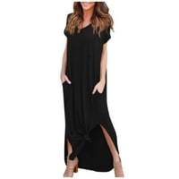 Дамски рокли maxi с къс ръкав небрежен макси солидна летна рокля с v-образно деколте черна 4xl