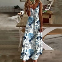 Женски рокли сладък елегантен флорален отпечатани улични дрехи maxi v шия без ръкави за без ръкави спагети за домашно облекло