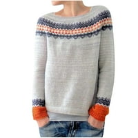 Absuyy Fashion Stripe пуловер за жени Fall Savings- Разхлабете прилепване кръгло шия плетен удобен лек пуловер върхове сив размер