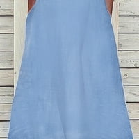 Женски V-образно деколте а-линия рокля от твърд цвят небрежен дълъг деним рокля рокля рокля рокля с дължина на коляното