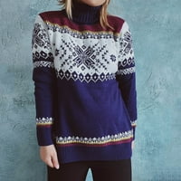 Odeerbi Коледни пуловери за жени есен зимен печат сплайсинг кръгла шия с дълъг ръкав линия върхове синьо