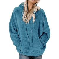 Umfun женски пуловер Женският нов дълъг ръкав яке с качулка твърд цвят джоб небрежен хлабав пуловер Син m
