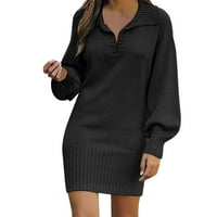 Черни рокли Forestyashe за жени дълъг ръкав Моден солиден пуловер със средна дължина вълнена рокля плетена рокля