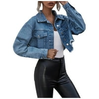 Symoid Women Rish Jackets- Clouddown Collar с дълги ръкави солидна качулка безжично яке Jean Blue Xs
