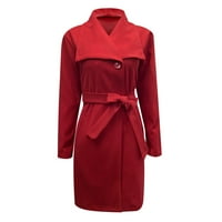 Xinqinghao Jackets палто за жени Причинно -следствени елегантни якички с твърд цвят вълнен палто с колан жени червено xl