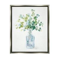 Ступел индустрии цвете буркан Натюрморт зелен син Живопис блясък сив рамка плаващо платно стена изкуство, 24х30