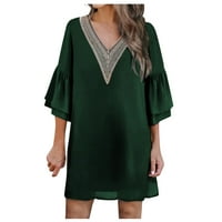 Yubatuo Женски летен ежедневен бохо солидна рокля с тениска рокля v вратна ръкав ръкав мини плажна рокля тъмно зелено l