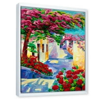 Дизайнарт 'Цветни Традиционни Санторини Къщи Сред Цветя' Морски И Крайбрежни Рамкирани Платно Стена Арт Принт