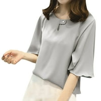 Wozhidaoke Шифон блузи за жени Шифон с къс ръкав плюс топ цвят ежедневна работна риза Солидни жени офис блуза за блуза си сиво