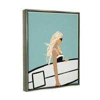 Ступел индустрии жена извършване сърф борда вятърна плажна коса Графичен Арт блясък сива плаваща рамка платно печат стена изкуство,