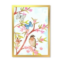 Умна птица седи на клон на пролетно дърво с пеперуди в рамка живопис платно изкуство печат