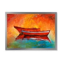 Две Червени Лодки По Време На Залез В Езерото Рамка Живопис Платно Арт Печат
