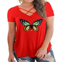 Pfysire дамска пеперуда тениска за пеперуда лятна небрежна v върхове на шията блуза червено 4xl