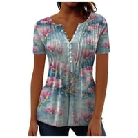 Дамски флорален копче за печат риза v шия с къс ръкав тениска летни ежедневни върхове