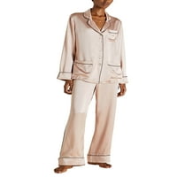 Жени сатенени пижами комплект бутон с дълъг ръкав и еластични панталони шезлонги меки спални дрехи за нощни дрехи