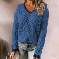 Пуловери за жени Дамски пуловери Модни жени шият V-образно плетено плетено пуловер с дълги ръкави Пуловер Небрежни върхове, Сини