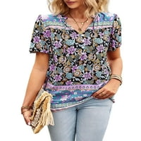 Капризи жени тениска v Врат тениска с къси ръкави летни върхове Бохемски тий флорален печат туника блуза тъмносин