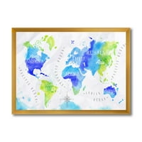 Дизайнарт 'карта на света в синьо и зелено' модерна рамка Арт Принт