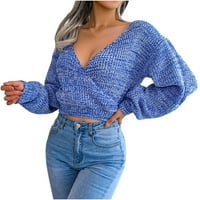 Absuyy пуловери за жени Clearance v Врат пуловер Дълъг фенер ръкав пуловер Топ синьо размер m