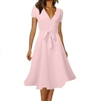 Женски ежедневни рокли за жени свободни парти флорални v-образно деколте със средна дължина слънчева рокля розово xl