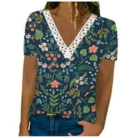 Jsezml издълбани блузи за шия за жени дантелени флорални щампа с къс ръкав облечена ежедневна риза хлабава удобна блуза ризи