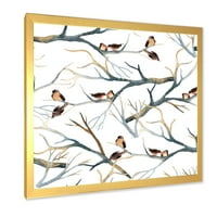 Дизайнарт 'Малки Птички, Седнали На Клоните На Дърветата' Традиционна Рамка Арт Принт