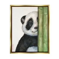 Ступел индустрии панда мечка надничане около бамбук усмихнати Животни Живопис металик злато плаваща рамка платно печат стена изкуство, дизайн от Джордж Дяченко