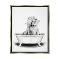 Ступел индустрии слон във вана смешно животно Баня рисуване блясък сива рамка плаващо платно стена изкуство, 24х30
