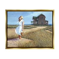 Ступел индустрии жена стои ветровит Бриз далечен плаж къща живопис Метални злато плаваща рамка платно печат стена изкуство, дизайн от Том Миелко