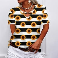 Блуза за жени с v-образно деколте Cross Hollow Short Leade Sunflower Print T-Shirt Topmulticolor s
