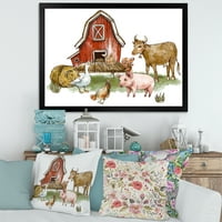 Дизайнарт 'ферма къща с гъска крава прасе пиле и купа сено' Рустик рамка Арт Принт