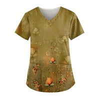 Royallove дамски ризи Женски ретро отпечатани работни дрехи V-образно деколте плюс размер тениска с джобове