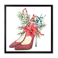 Дизайнарт Червени Велурени Обувки С Коледен Червен Флорален Декор Традиционна Рамка Арт Принт