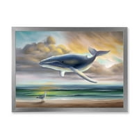 Дизайнарт 'кит плаващ в небето над плажа' детско изкуство в рамка Арт Принт