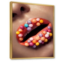 Дизайнарт 'близък план на креативен грим върху женски устни с Лолипоп' модерна рамка в рамка платно за стена арт принт
