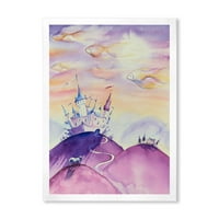 Дизайнарт 'приказно кралство дворец на пурпурен планински връх' детско изкуство в рамка Арт Принт