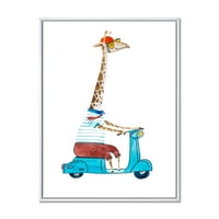 Дизайнарт 'жираф облечен с каска и Езда Син Скутер' детски изкуство рамка платно стена изкуство печат