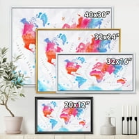 Дизайнарт 'карта на света в синьо и розово' модерна рамка платно стена арт принт