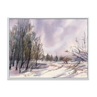 Дизайнарт 'Лилави Снежни Тонове Със Зимен Пейзаж' Традиционна Рамка Платно За Стена Арт Принт