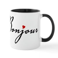 Cafepress - Bonjour с чаша за червено сърце - чаша за керамична чаша от Oz - чаша за новост кафе