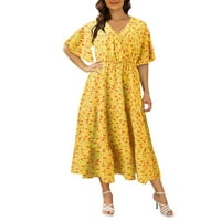 EFSTEB летни рокли за жени Просвета рокли с къс ръкав Талия Плисирана рокля Твърди цветен модерен V-образно деколте ежедневно слънчево обличане жълто l