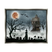 Ступел индустрии Хелоуин вещица силует в пълнолуние обитаван от духове къща сцена блясък сива рамка плаващо платно стена изкуство, 16х20