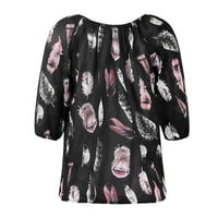 Pxiakgy Loose Elbow V-образно отпечатани върхове летни тениски ръкави за женско блуза за женски блуза за жени Черно+L