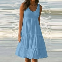 Летни спестявания Просвета летни рокли за жени плюс размер рокля небрежна тениска слънчева площадка покрива без джобове празнични плътни цветове без ръкави плажн