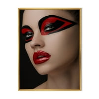 Дизайнарт 'червени устни черен грим на очите на маска момиче' модерна рамка платно стена арт принт