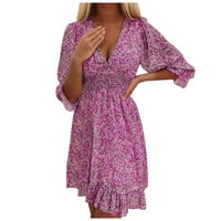 Летни рокли за жени с v-образно деколте с дължина на лакътя флорална а-линия рокля със средна дължина рокли A-Line Purple L