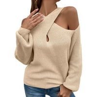 Пуловер за врата на екипаж за жени Мъжки лек пуловер Жени ежедневни плътни плетене на плетене на една кука пуловер каишка на врата пуловер свободен дълъг ръкав сту?