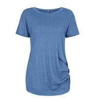 drpgunly летни върхове с къс ръкав хлабав бутон блуза плътна цветна кръгла тениска на тениката на тениската за жени дамски модна синьо xl